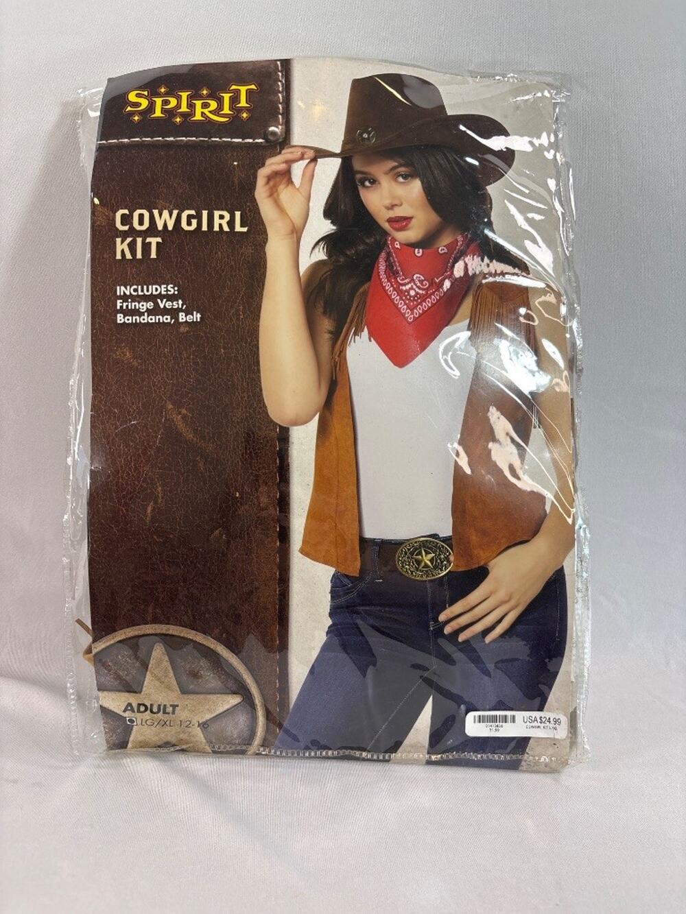 Spirit Halloween Cowgirl Kit Fringe Vest Bandana Belt Adult LG/XL Western